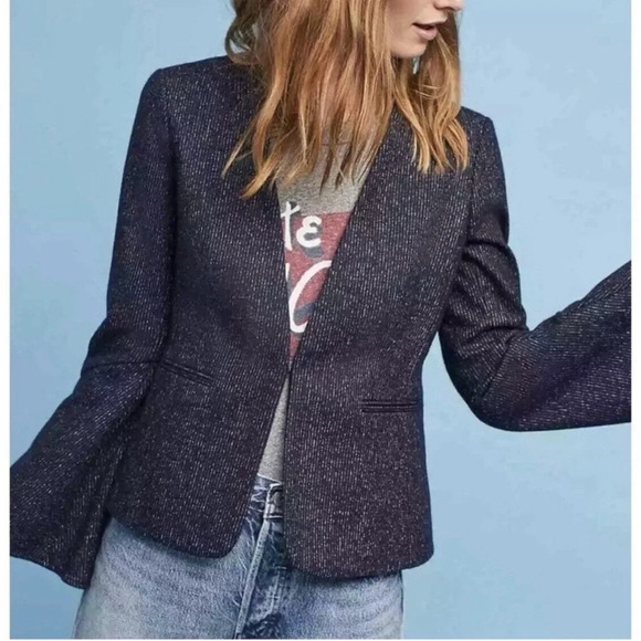 Anthropologie Cartonnier Wool Blend Bell Sleeve Pinstripe Jacket Navy Blue 6 - Picture 1 of 10